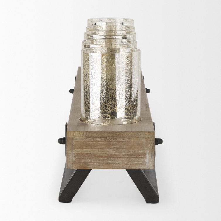 Rustic Wood and Metal Candle Holder with Mercury Glass Cups