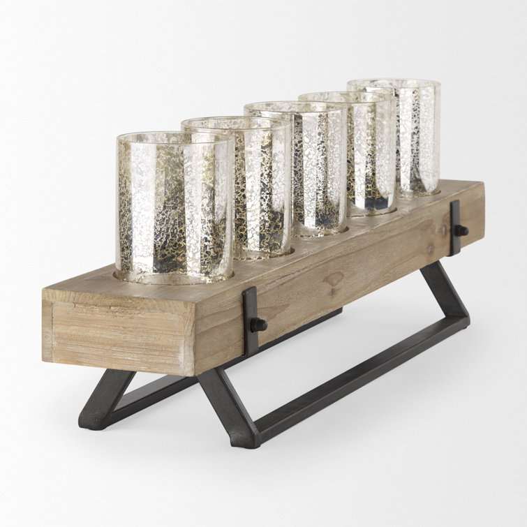 Rustic Wood and Metal Candle Holder with Mercury Glass Cups