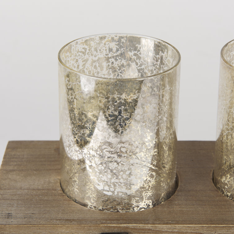 Rustic Wood and Metal Candle Holder with Mercury Glass Cups