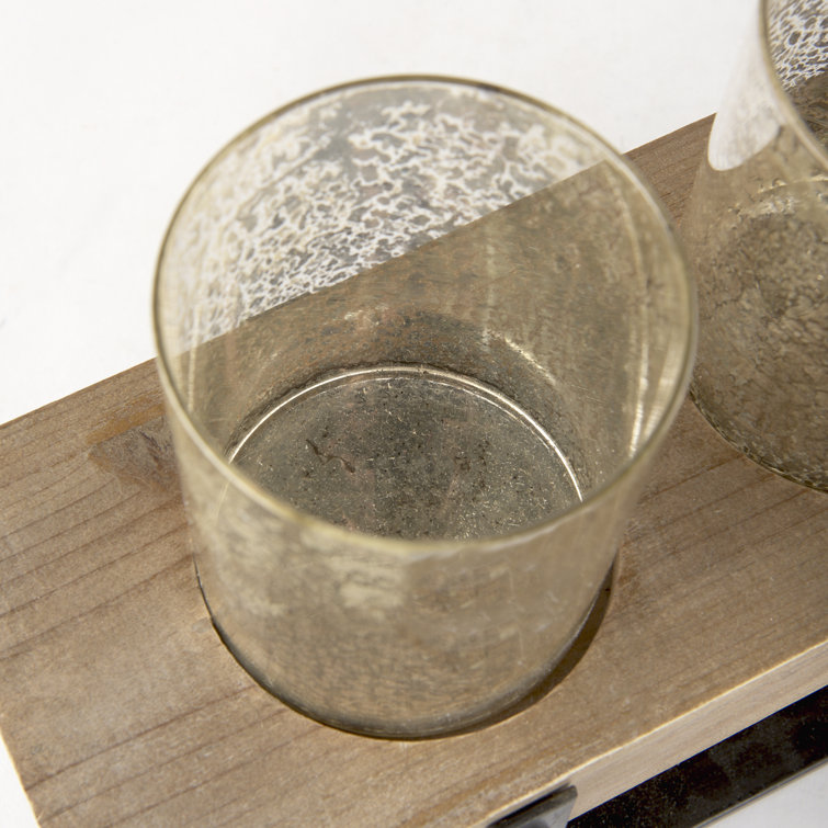 Rustic Wood and Metal Candle Holder with Mercury Glass Cups