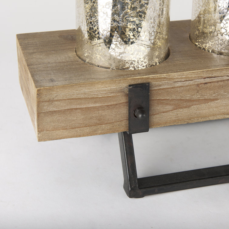 Rustic Wood and Metal Candle Holder with Mercury Glass Cups