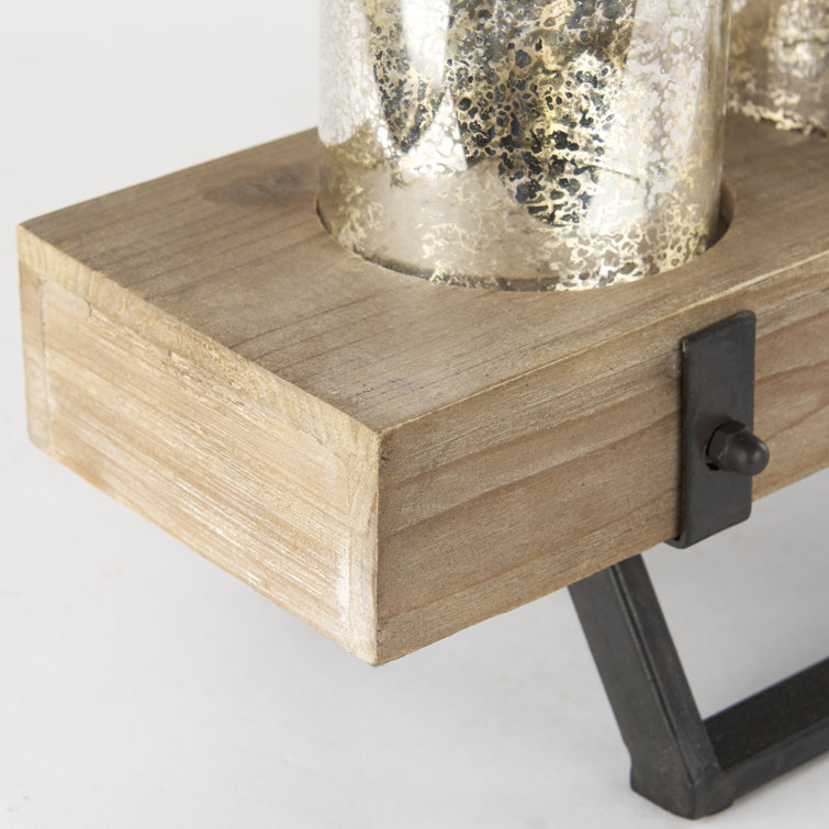 Rustic Wood and Metal Candle Holder with Mercury Glass Cups