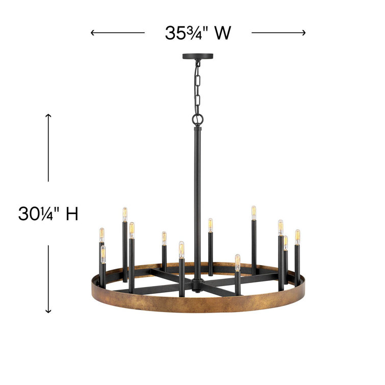 Weathered Brass and Black 12-Light Wagon Wheel Chandelier