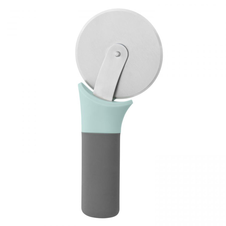 Aqua and Gray Stainless Steel Pizza Cutter with Ergonomic Handle