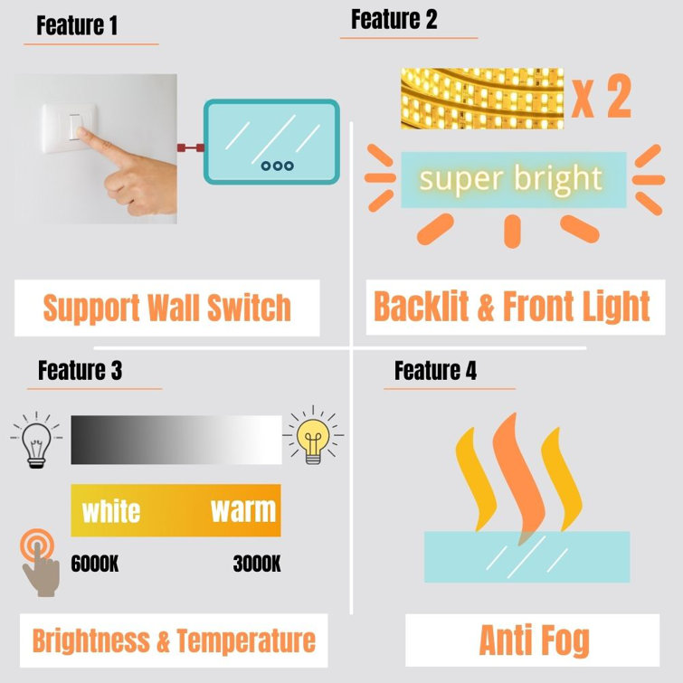 TOOLKISS Led Bathroom Mirror 72 x 36, Dimmable Vanity Mirrors For Wall, Anti-fog, 3 Colors Adjustable, Memory, Double Led Lights ( Front And Backlit ) Durable Tempered Material