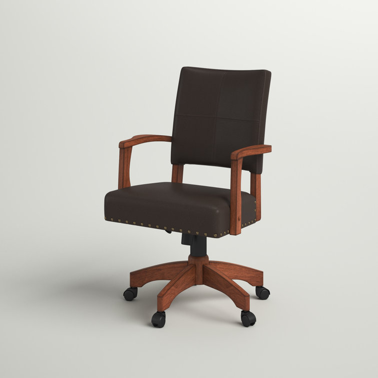 Espresso Leather Swivel Wood Banker Chair with Armrests