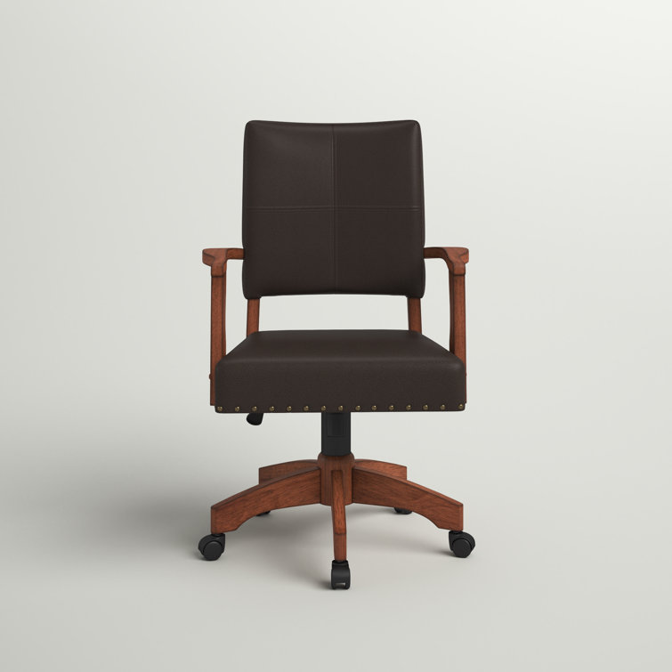 Espresso Leather Swivel Wood Banker Chair with Armrests