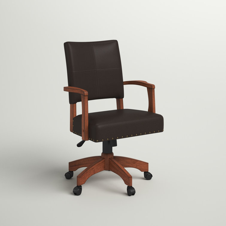 Espresso Leather Swivel Wood Banker Chair with Armrests