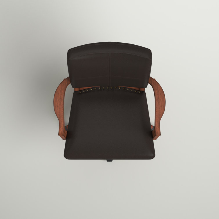 Espresso Leather Swivel Wood Banker Chair with Armrests