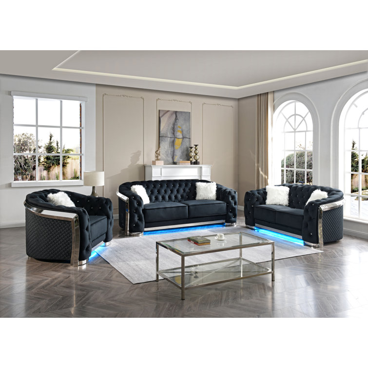 Lexi Chrome-Legged Black Velvet Tufted Loveseat with Faux Fur Pillows