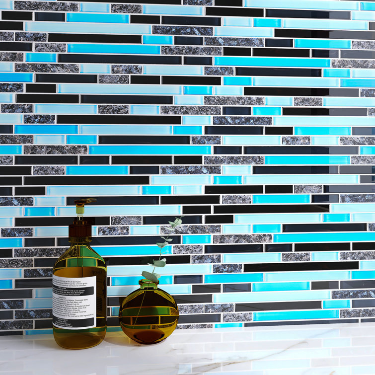 Black and Blue Glass Linear Mosaic Tile Sheet