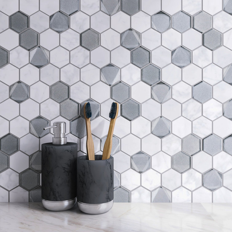 White and Gray Hexagon Glass and Marble Mosaic Tile