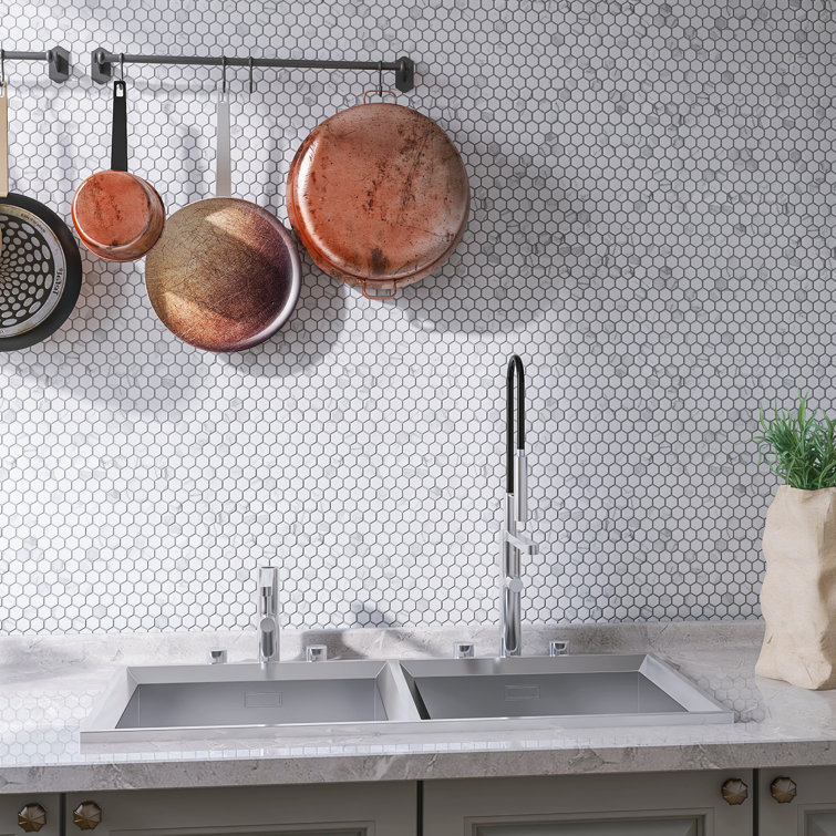 White Hexagon Porcelain Mosaic Tile with Marble Look
