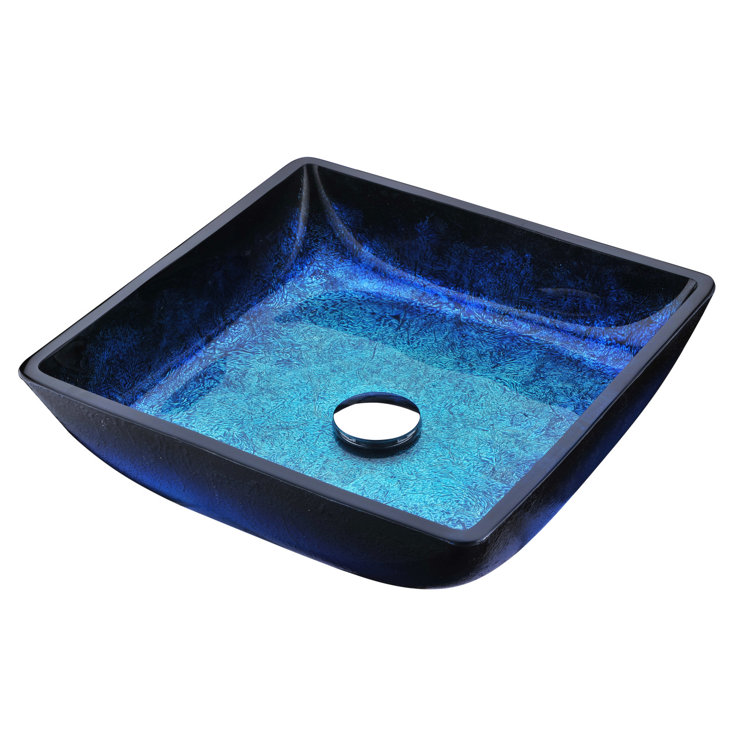 Blazing Blue Tempered Glass Square Vessel Sink with Brushed Nickel Faucet