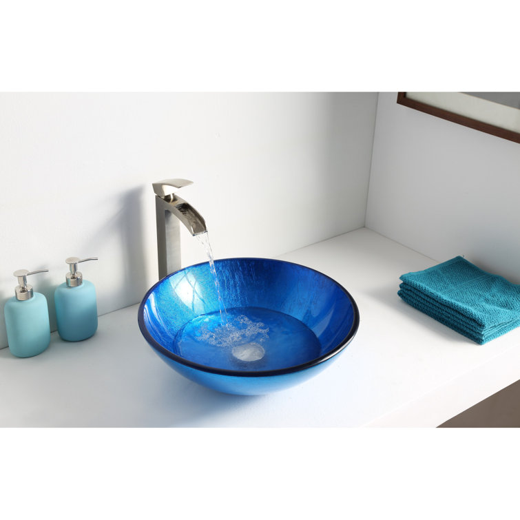 Lustrous Blue Glass Vessel Sink with Brushed Nickel Faucet