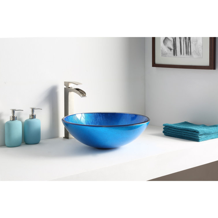 Lustrous Blue Glass Vessel Sink with Brushed Nickel Faucet