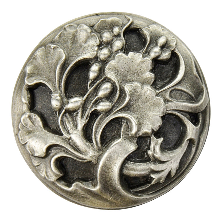 Antique Pewter Round Knob with Swirling Ginkgo Leaves
