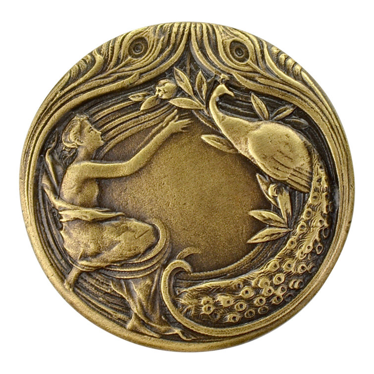 Antique Brass Round Cabinet Knob with Peacock Lady Design