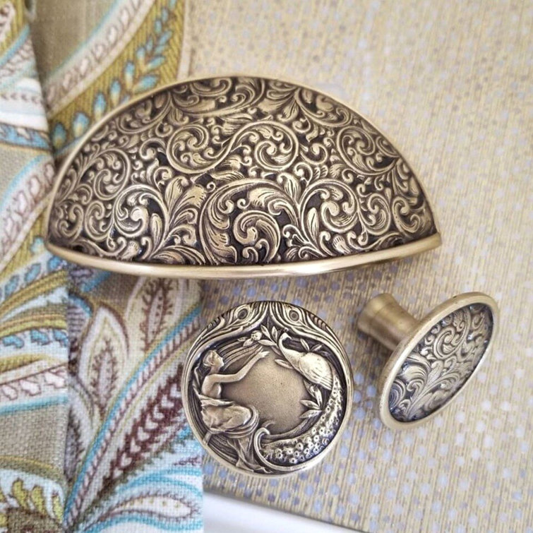 Antique Brass Ornate Cup Pull with Mounting Hardware