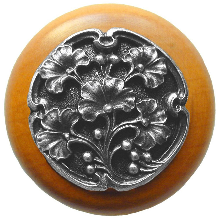 Antique Pewter and Maple Wood Floral Round Knob