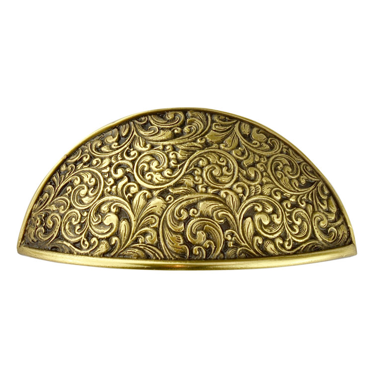Antique Brass Ornate Cup Pull with Mounting Hardware