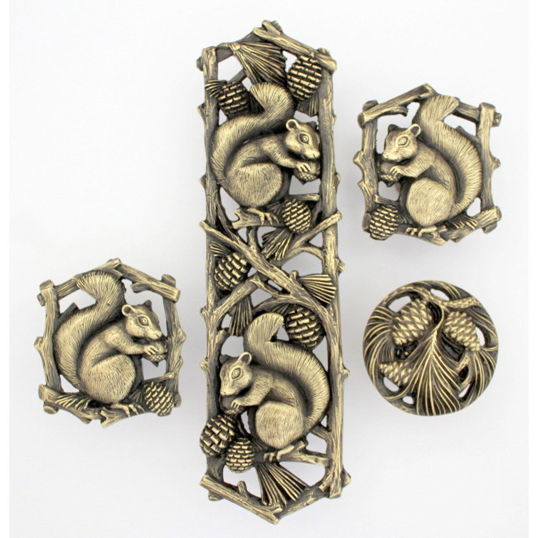 Antique Brass Squirrel and Pinecone Rustic Cabinet Knob Set