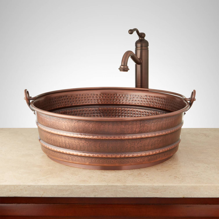 17'' Hammered Copper Circular Vessel Sink with Handles