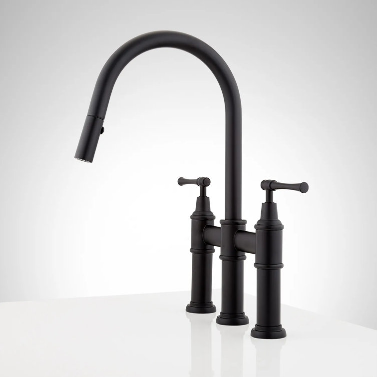 Matte Black Zinc Pull-Down Bridge Kitchen Faucet with Lever Handles