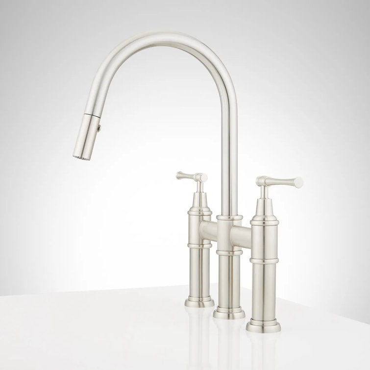 Brushed Nickel Dual Handle Pull-Down Bridge Kitchen Faucet