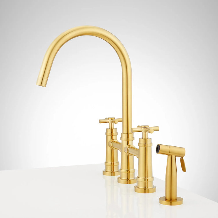 Brushed Gold Stainless Steel Bridge Kitchen Faucet with Side Spray