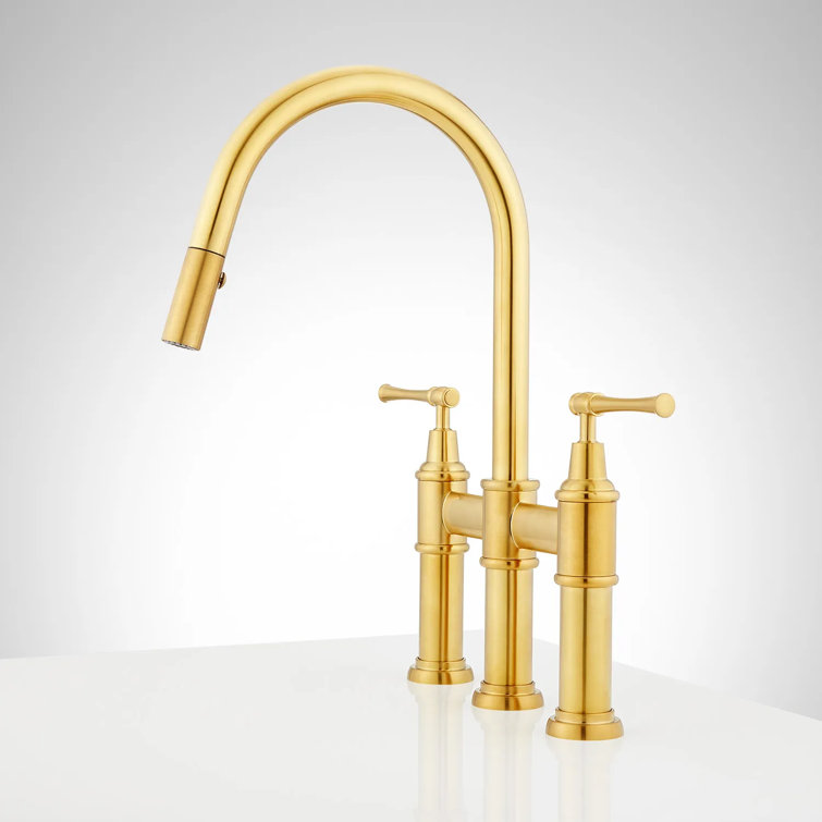 Brushed Gold Double Handle Pull-Down Kitchen Faucet