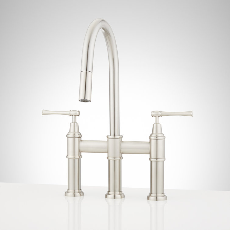 Brushed Nickel Dual Handle Pull-Down Bridge Kitchen Faucet