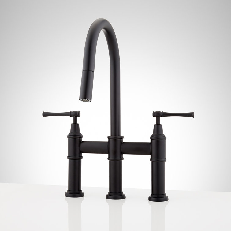 Matte Black Zinc Pull-Down Bridge Kitchen Faucet with Lever Handles