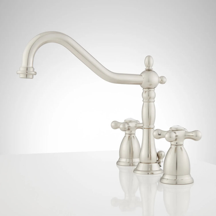 Brushed Nickel Victorian Widespread Bathroom Faucet with Cross Handles