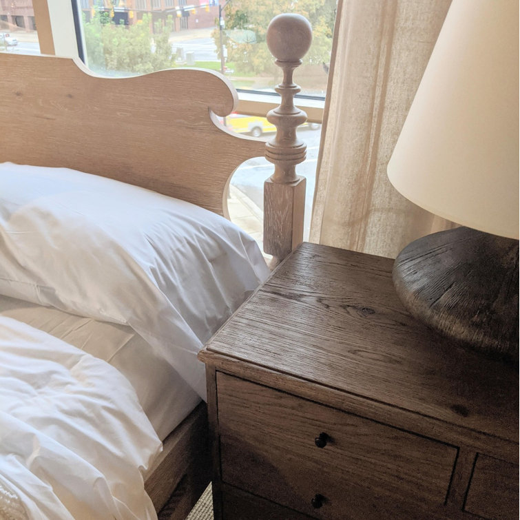 King Size Light Brown Wood Frame Bed with Headboard and Slats