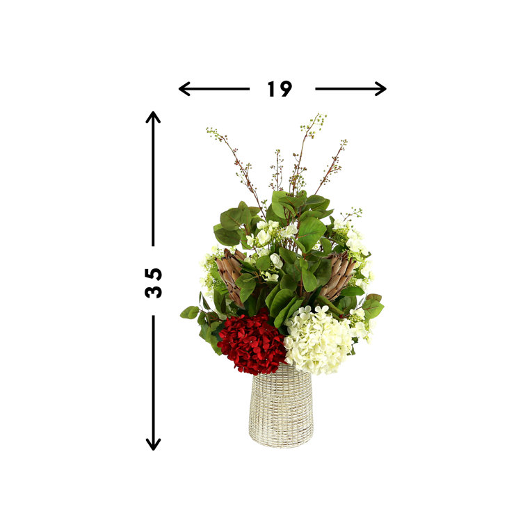 Red and White Hydrangea and Protea Floral Arrangement in Cream Clay Vase