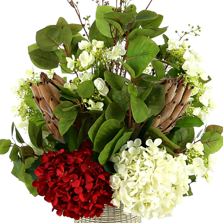 Red and White Hydrangea and Protea Floral Arrangement in Cream Clay Vase