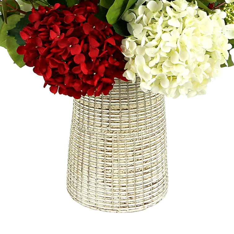 Red and White Hydrangea and Protea Floral Arrangement in Cream Clay Vase