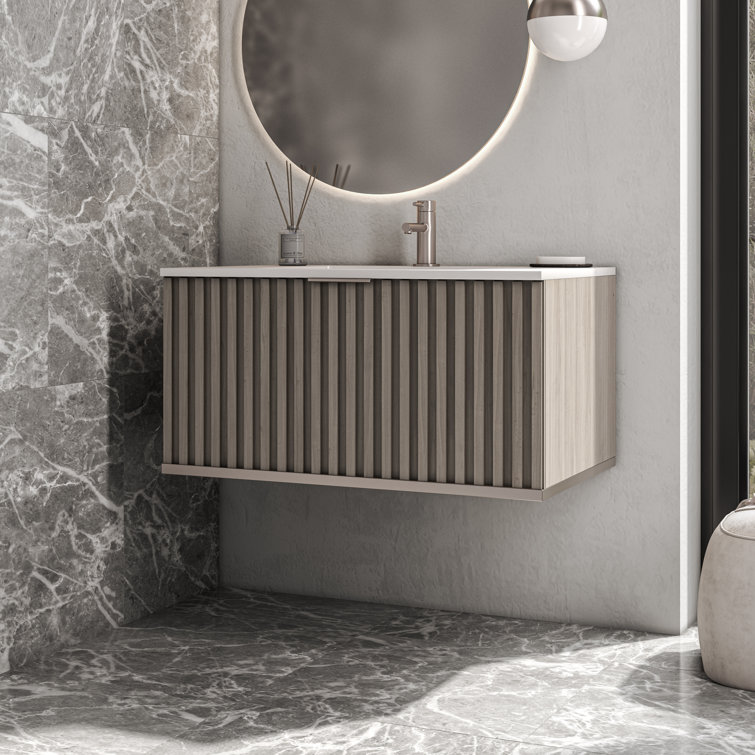 Terra 36" Walnut Wall-Mounted Single Sink Vanity with Marble Top