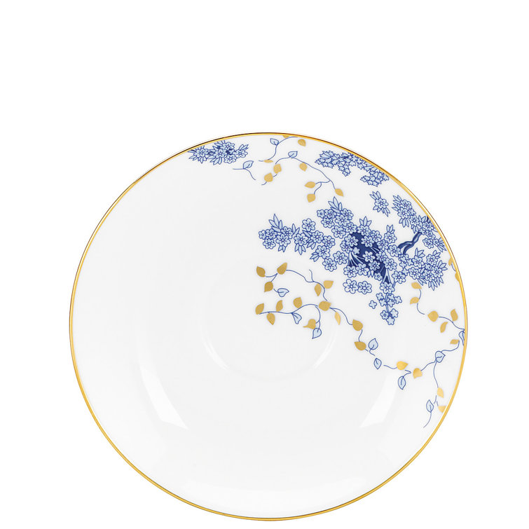 Garden Grove Blue Blossom White Bone China Saucer with 24K Gold Trim