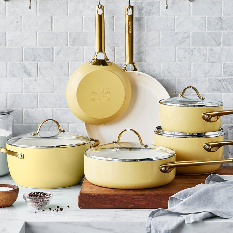 Sunrise Yellow Ceramic Nonstick 10-Piece Cookware Set with Gold Handles