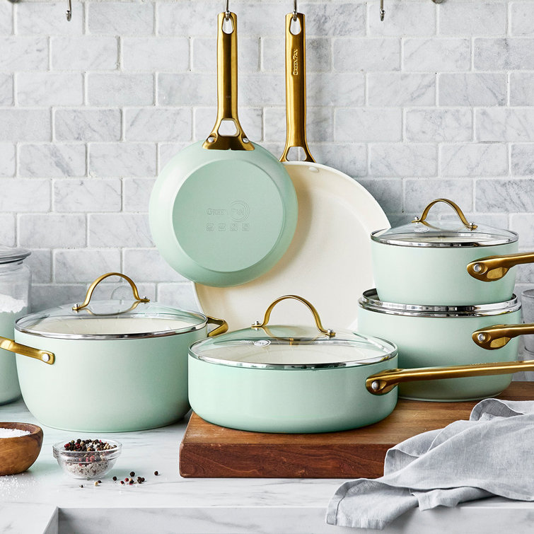 Mint Green Aluminum Nonstick 10-Piece Cookware Set with Gold Handles