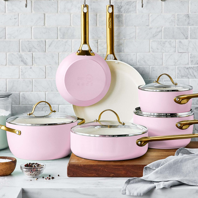 Blush Pink Ceramic Nonstick 10-Piece Cookware Set with Gold Handles