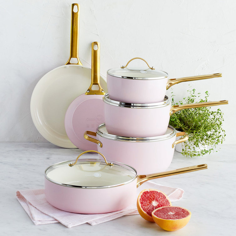 Blush Pink Ceramic Nonstick 10-Piece Cookware Set with Gold Handles