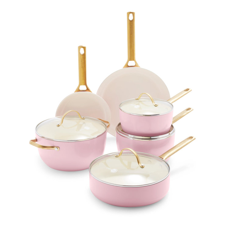 Blush Pink Ceramic Nonstick 10-Piece Cookware Set with Gold Handles