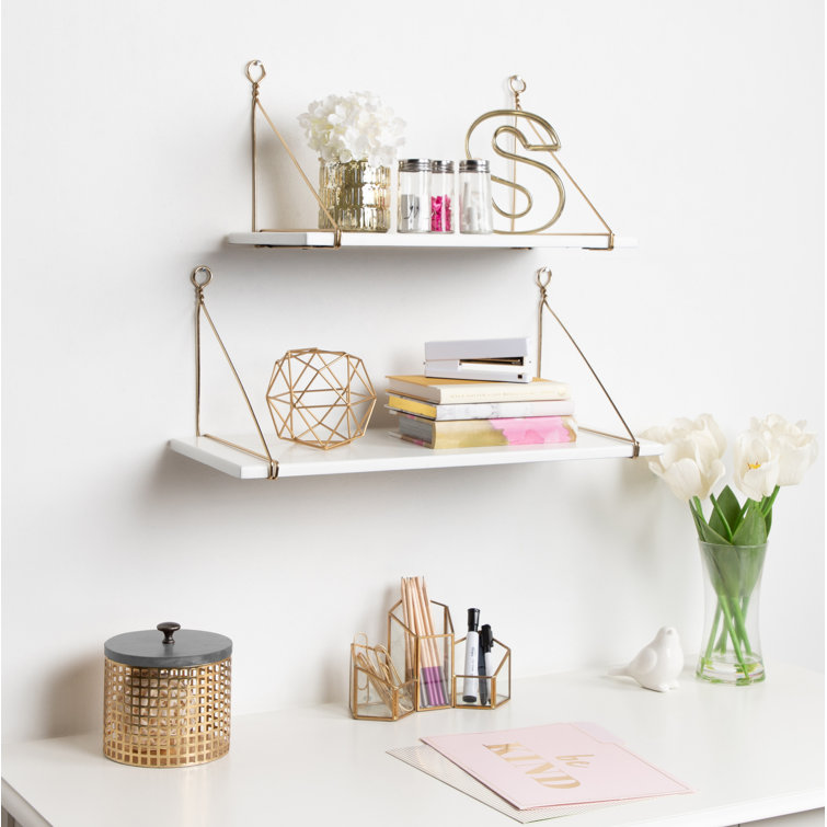 Vista White and Gold Floating Wood Accent Shelf Set