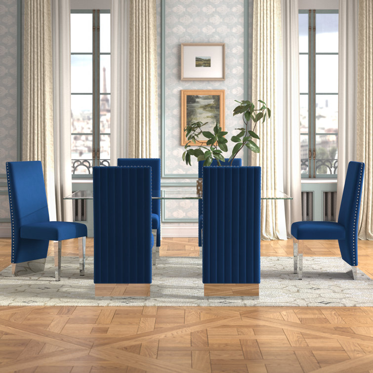 Navy Blue and Silver Glass Top Dining Set with 6 Chairs
