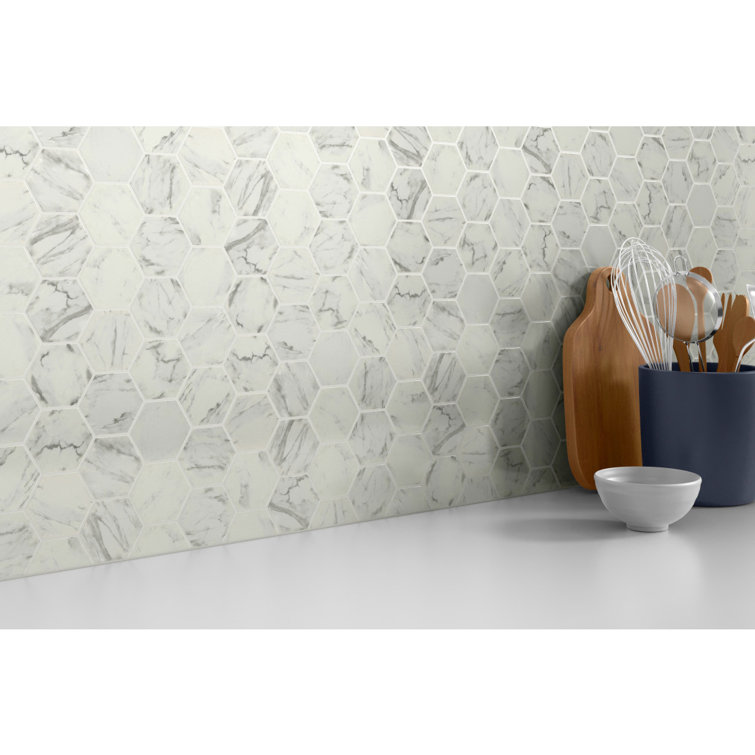 Echo Calacata White Hexagon Glass Mosaic Tile
