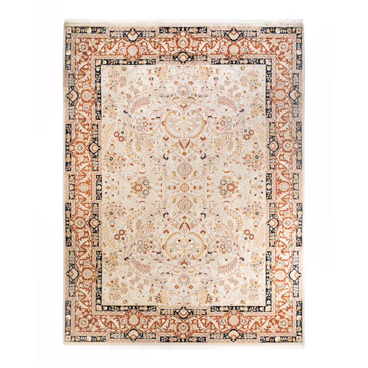 Ivory and Orange Hand-Knotted Wool Area Rug 9'3" x 12'3"
