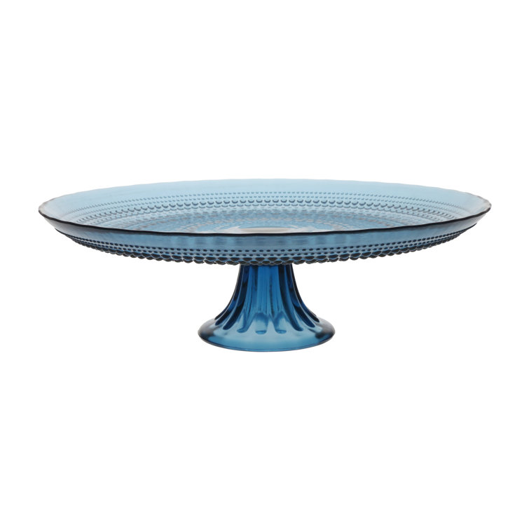 Blue Glass Pedestal Cake Stand with Beaded Detailing